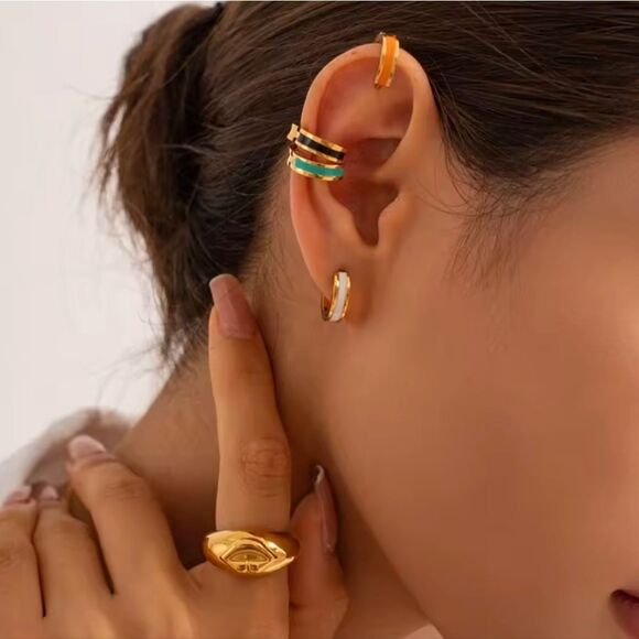 White Enamel Small Hoop Huggie Earrings Gold Plated - Picture 5 of 5